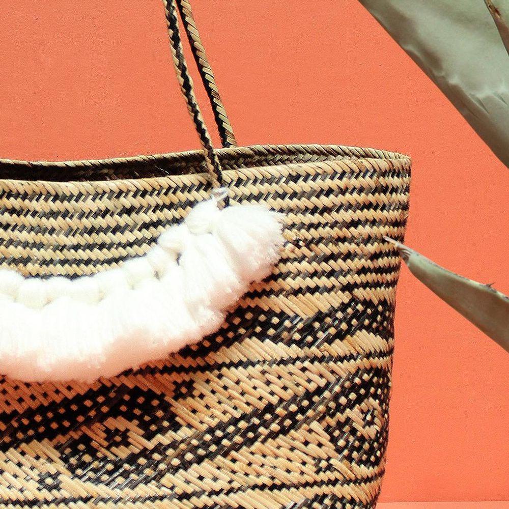 Borneo Medio Straw Tote Bag - Hand Bag With White Roman Tassels-Tote Bag-BrunnaCo-Accessories, Bags & Accessories, BrunnaCo, California Brand, Eco Friendly, Fair Trade, Handmade, Small Batch, Social Good, Tote Bag, Women Owned Business-West Agenda